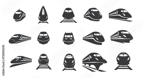 A collection of fifteen vector illustrations depicting various high-speed train designs in a monochromatic style, showcasing different perspectives and angles.