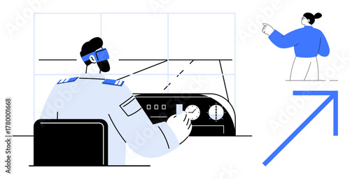 Pilot operating control panel in cockpit focuses on tasks. Woman gestures direction, future, goals. Ideal for aviation, teamwork, guidance, leadership, navigation vision simple flat metaphor
