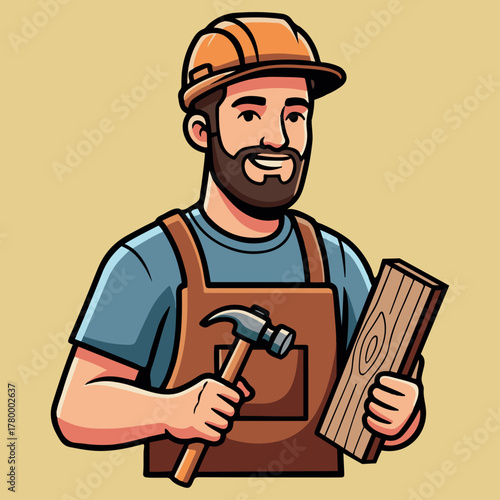 Carpenter with a hammer and wooden plank, wearing a hard hat, smiling, handyman