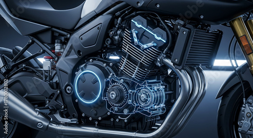 Detailed View of Motorcycle Engine Mechanics and Blue Digital Grid