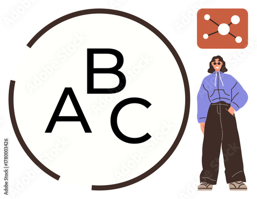 Bold black letters ABC inside a segmented circle, person in trendy outfit, and molecule graphic. Ideal for education, fashion, science, learning, branding creativity modern design. Simple flat