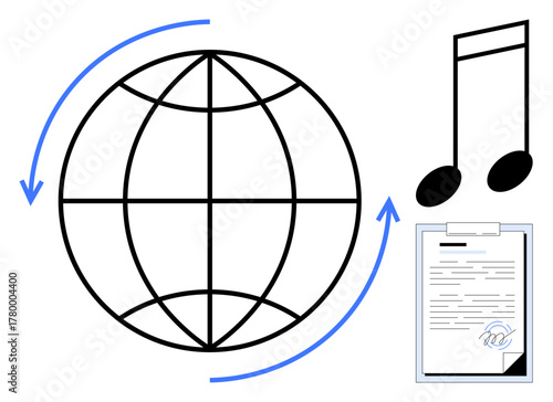 Earth globe with arrows, music notes, and clipboard document suggesting copyright, global music rights. Ideal for licensing, globalization, copyright law, media, entertainment communication simple
