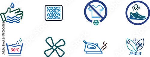 Laundry Care and Washing Instructions Vector Icon Set on White Background