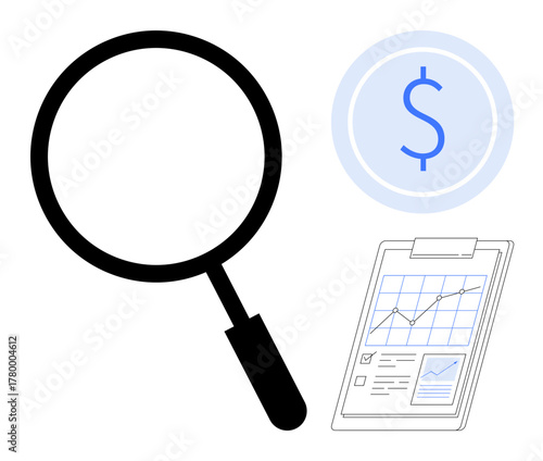 Magnifying glass with financial chart and dollar sign emphasizing analysis, growth, and finance. Ideal for business, market research, finance, investment, budgeting auditing strategies. Simple flat