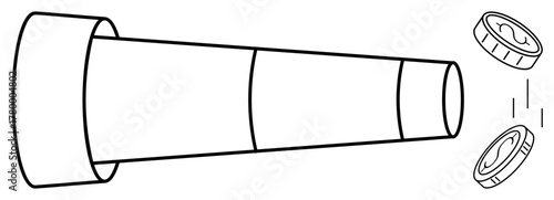 Collapsible telescope pointing towards falling coins suggests financial foresight, growth, and opportunity discovery. Ideal for finance, strategy, savings, planning, investments, growth vision