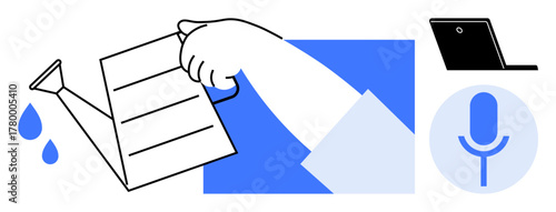 Hand pouring water from a can symbolizes idea nurturing and growth. Nearby, a microphone and laptop represent creativity, communication, and technology. Ideal for innovation, productivity, teamwork