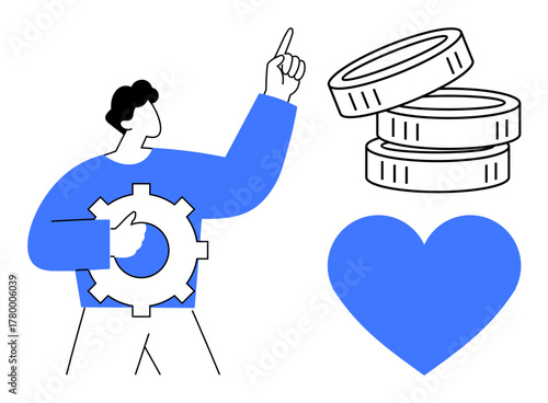 A figure holding a gear points upward next to stacked coins and a heart. Ideal for topics innovation, growth, profit, love, altruism, technology, strategy. Modern flat metaphor
