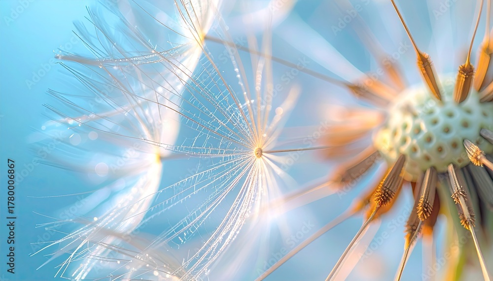 Obraz premium Close Up Macro Of Dandelion Seed Head With Fluffy White Parachutes Against A Soft Blue Sky Background In Natural Daylight With A Shallow Depth Of Field