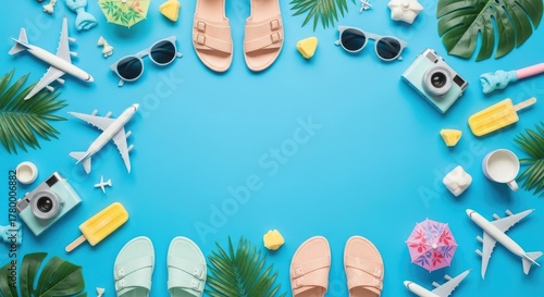 Summer Travel Essentials Flat Lay on Blue Background.