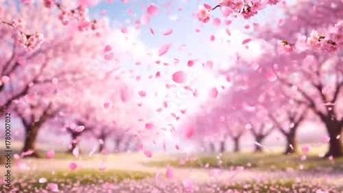 Pink cherry blossoms in full bloom, petals falling from the trees, creating a scenic landscape