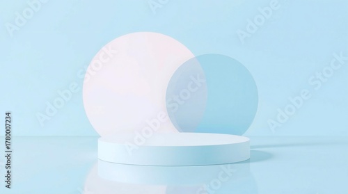 Minimalist product display stand with abstract shapes on light blue background