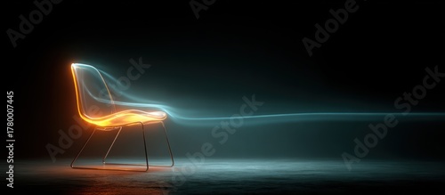 Illuminated chair with vibrant energy trails against a dark background