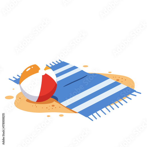Isometric Beach Towel and Ball Illustration on Sand (Vector Graphic)