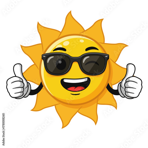 Happy Sun Mascot in Sunglasses Winking and Giving Double Thumbs Up