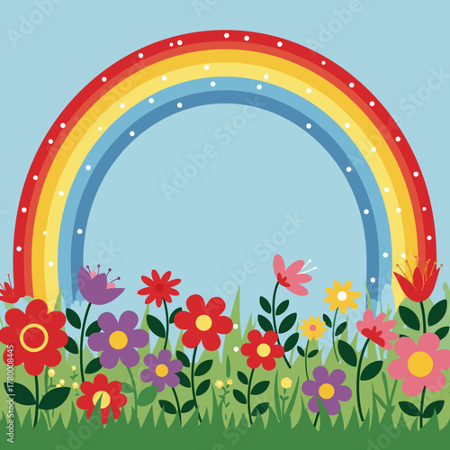 Cheerful Cartoon Rainbow and Spring Flower Meadow Illustration