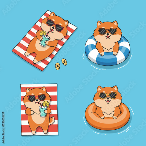 Adorable Shiba Inu Dog Summer Fun Cartoon Set - Relaxing, Swimming, and Drinking