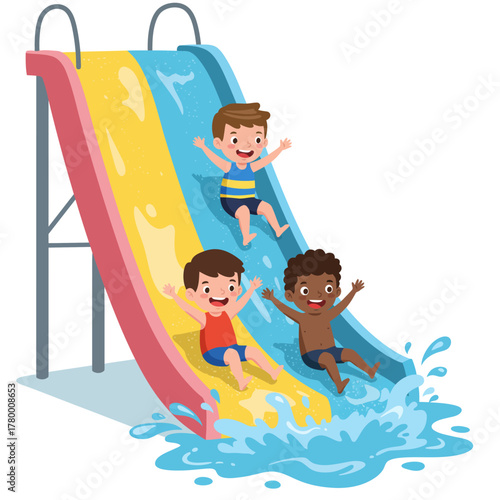 Group of Happy Boys Sliding Down a Colorful Water Park Slide Illustration