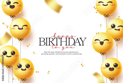 Birthday greeting clipart background design. Happy birthday wishes and greeting text clip art with hanging yellow emoji character balloons in cute, happy, funny, winking and cheerful smile invitation 