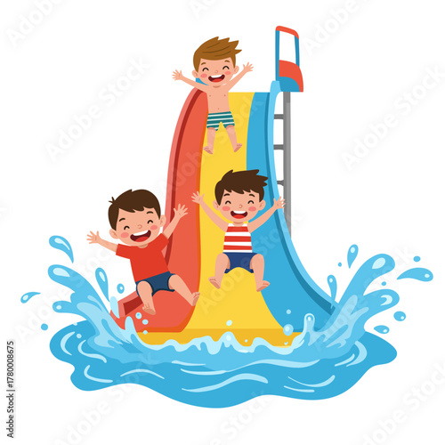 Cartoon illustration of three happy boys sliding down a colorful water park slide with a splash