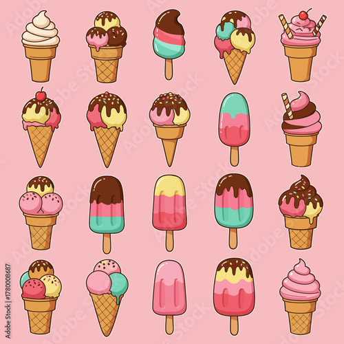 Collection of Cartoon Ice Cream Cones, Popsicles, and Soft Serve Desserts