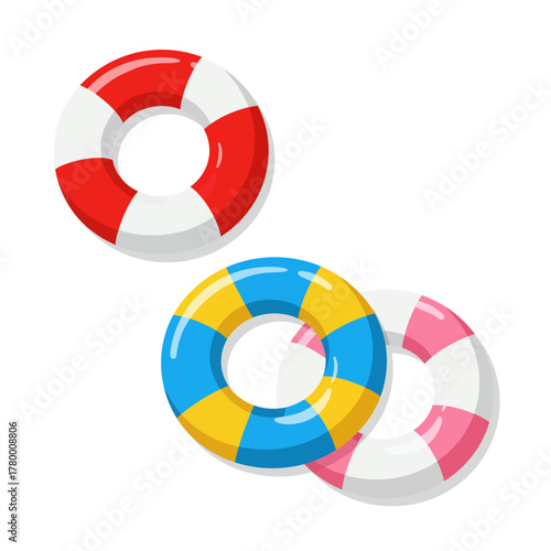 Collection of Colorful Life Buoys and Inflatable Swim Rings (Vector Illustration)