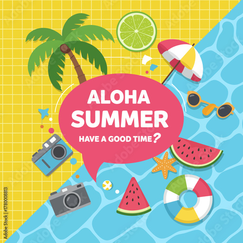 Aloha Summer flat design illustration with tropical vacation items and speech bubble text