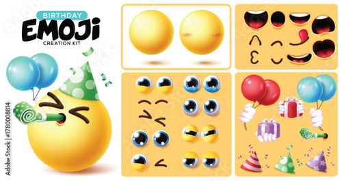 Emoji birthday creation kit clipart set. Happy Birthday editable emoticon clip art with head, mouth, eyes, tongue, eyebrow and party elements like balloons, gift box, blowing balloons and party hat 