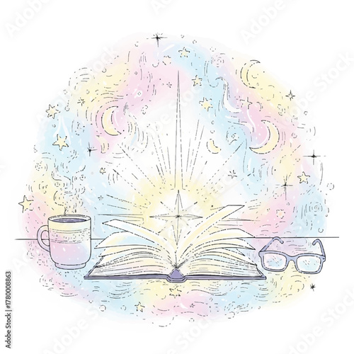 Vector illustration of an open book with glasses and a coffee cup on a pastel-colored background with stars and moons