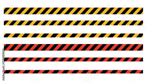 Striped Hazard Tapes Yellow & Black, Red & Black Safety Warnings, Vector Set