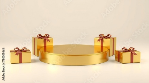 Golden pedestal surrounded by golden gift boxes with red ribbons