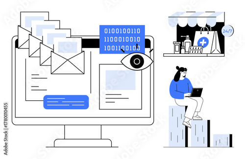 Email envelopes, binary code, and monitoring eye on a desktop screen shopping window with a store and woman using a laptop. Ideal for technology, internet, security, e-commerce, remote work