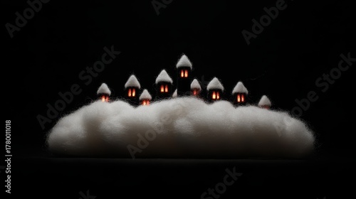 Cozy Little Houses on a Fluffy Cloud Under a Dark Background with Soft Lighting