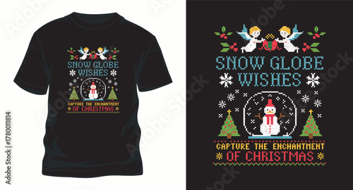 Snow Globe Wishes Vector Illustration Ugly Sweater Design Snowman Angels Stars Snowflake Enchantment Holiday Winter Festive