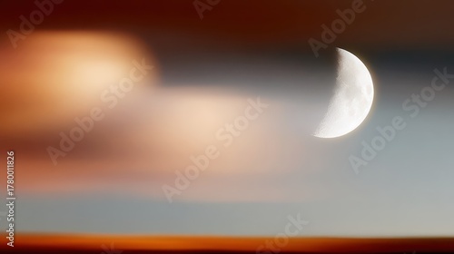 Beautiful Crescent Moon in Calm Evening Sky Over Soft Colorful Cloud Formation