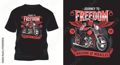 Motorcycle Devil T-Shirt Design Adventure Vector Graphic Ride Biker Journey to Freedom Machine of Miracles Apparel Artwork Illustration Transportation Clothing Template