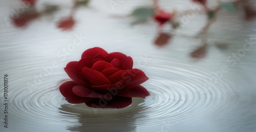 Red Flower Petal Floating on Water Surface Ripples in Calm Garden Setting