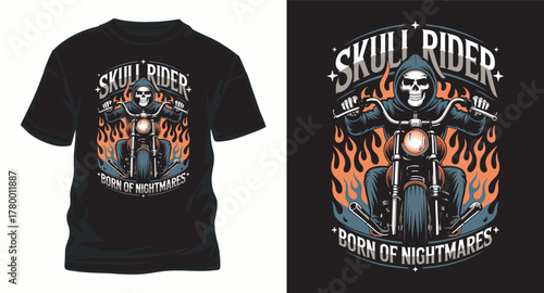 Skull Rider T-Shirt Design Adventure Vector Graphic Skeleton Rider Motorcycle Biker Born of Nightmares Apparel Artwork Illustration Transportation Clothing Template