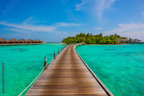 Fototapeta Naklejka Na Ścianę i Meble -  Tropical island beach landscape exotic shore coast. Tranquil closeup calm sea water waves with palm trees. Beautiful Panorama. Summer vacation, holiday amazing nature. Relax paradise, Maldives.