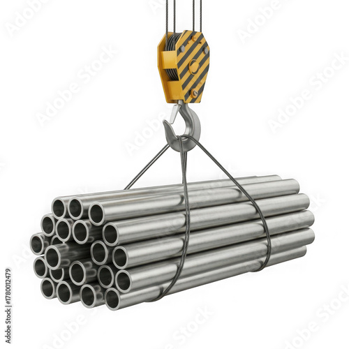 Steel pipes being lifted by a crane isolated on transparent background
