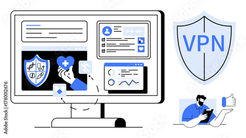 Computer screen with security apps, VPN shield icon, charts, and user profile. Person browsing securely on a mobile device. Ideal for cybersecurity, VPN services, privacy, safety analytics