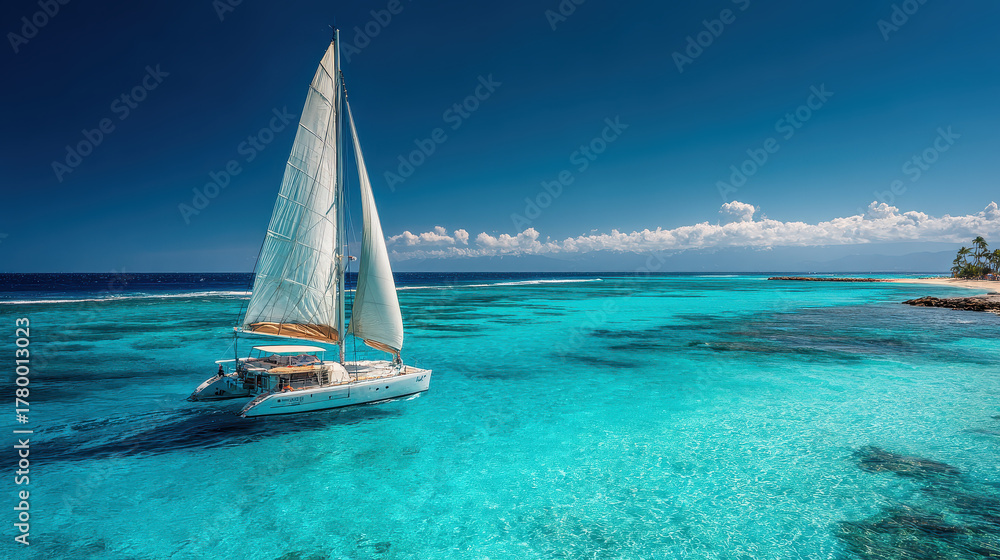Obraz premium Sailboat with white sails floating on crystal clear turquoise ocean water near tropical island under bright blue sky with scattered white clouds on sunny day
