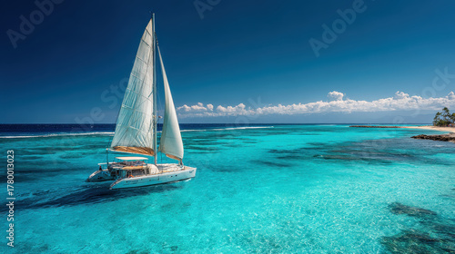 Sailboat with white sails floating on crystal clear turquoise ocean water near tropical island under bright blue sky with scattered white clouds on sunny day