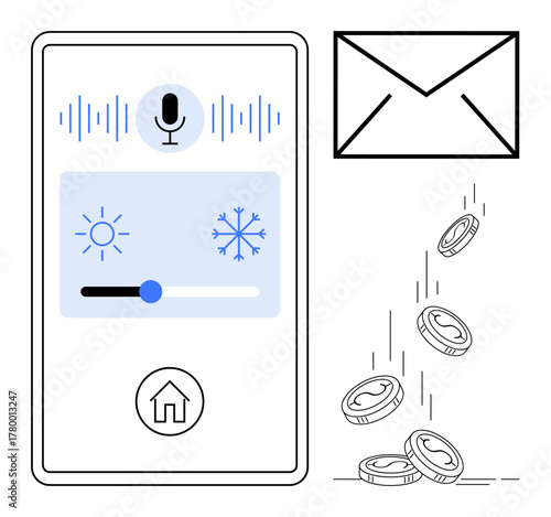 Smart home screen for controlling temperature via voice, envelope for emails, coins illustrating financial savings. Ideal for automation, energy management, finance, communication, eco-friendly