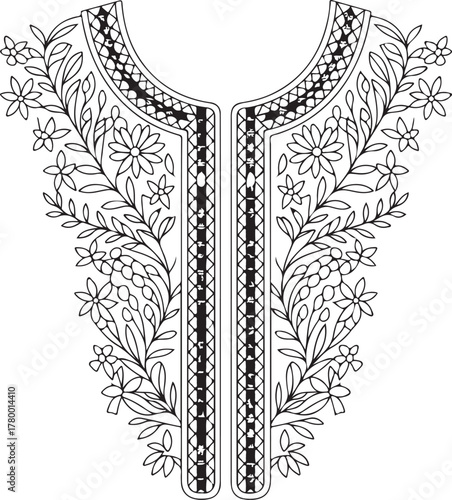 Detailed floral neckline embroidery pattern for garment design