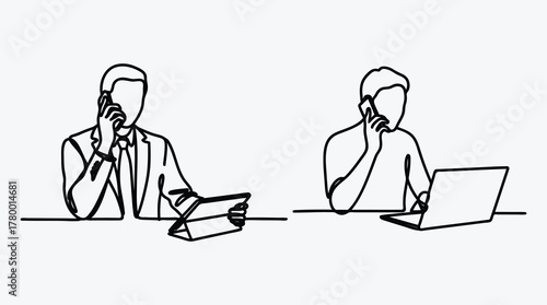 Business professionals communicating via modern technology continuous line drawing style