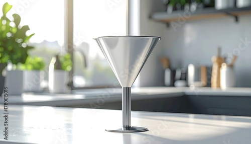 Elegant Stainless Steel Funnel on a Bright Kitchen Countertop.