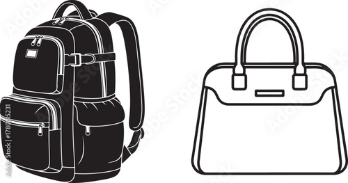 Monochrome vector art of a casual backpack and elegant handbag.