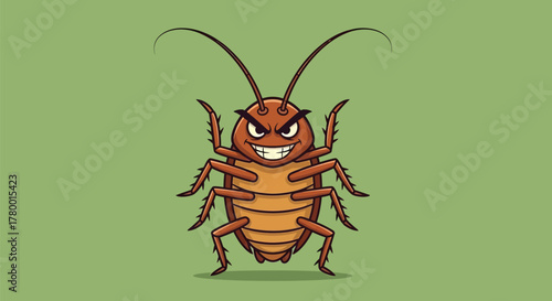 Cartoon cockroach with an angry expression on a green background.