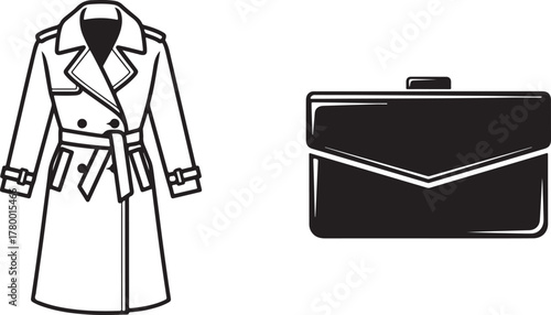 Elegant Black and White Vector Icons of Trench Coat and Briefcase