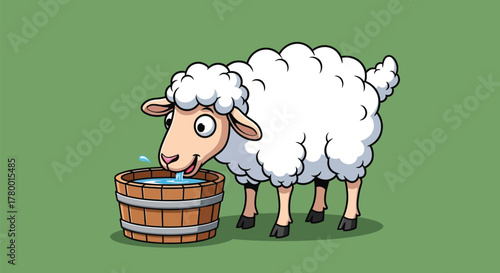 A cute cartoon sheep with fluffy white wool drinking water from a wooden bucket.